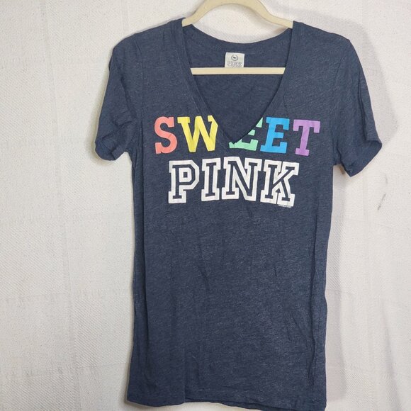 Victoria's Secret Navy Heather Sweet Pink Rainbow V Neck Short Sleeve Tee Size M - Picture 1 of 16